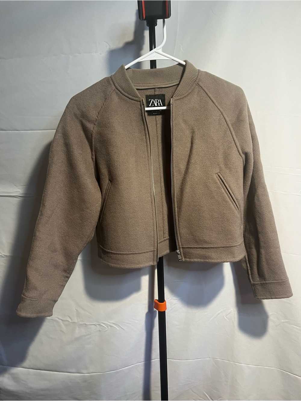 Zara Kids Wool Blend Taupe Cropped Full Zip Up Bomber Jacket SZ 11-12